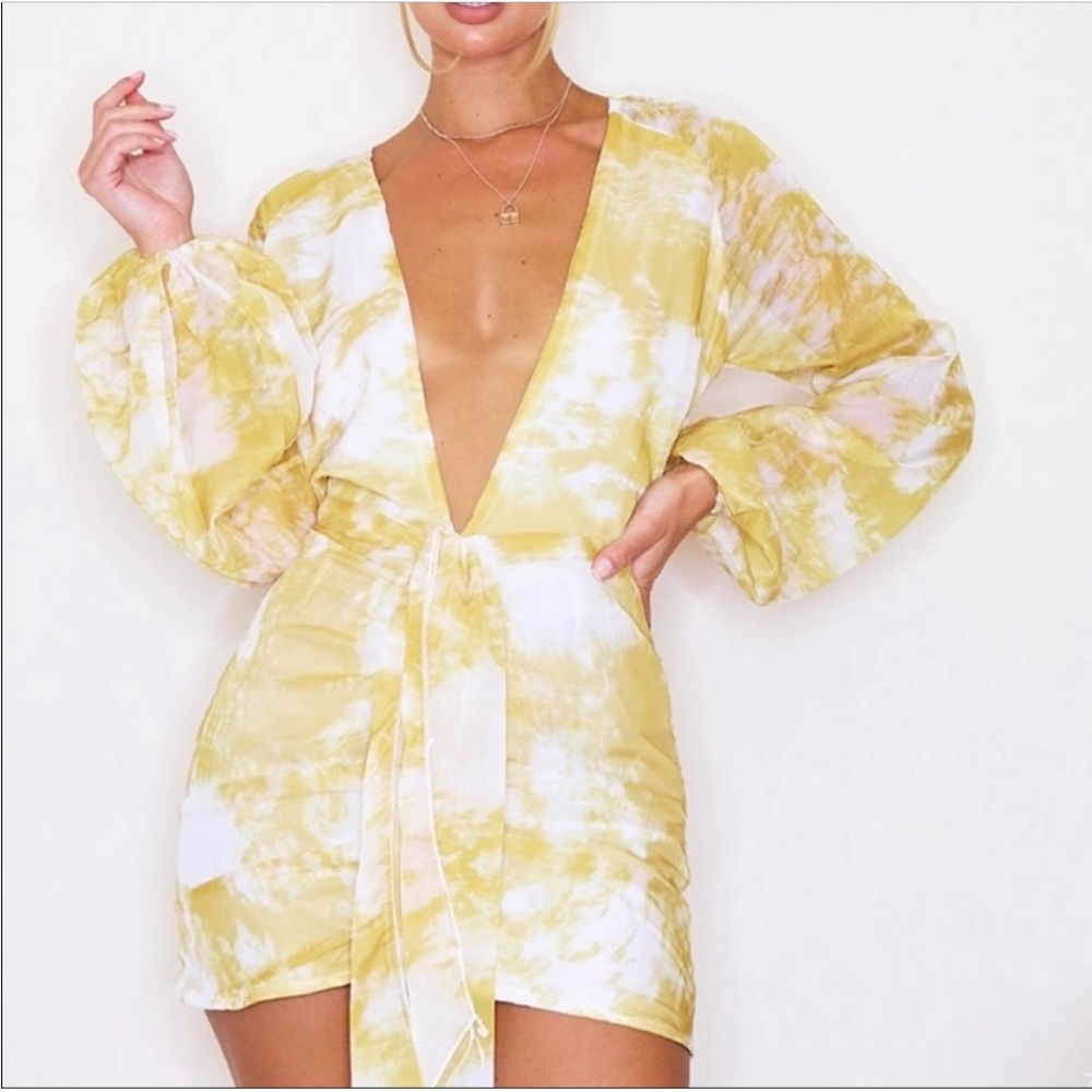 Chartreuse Tie-Dyed Plunge Mini Dress